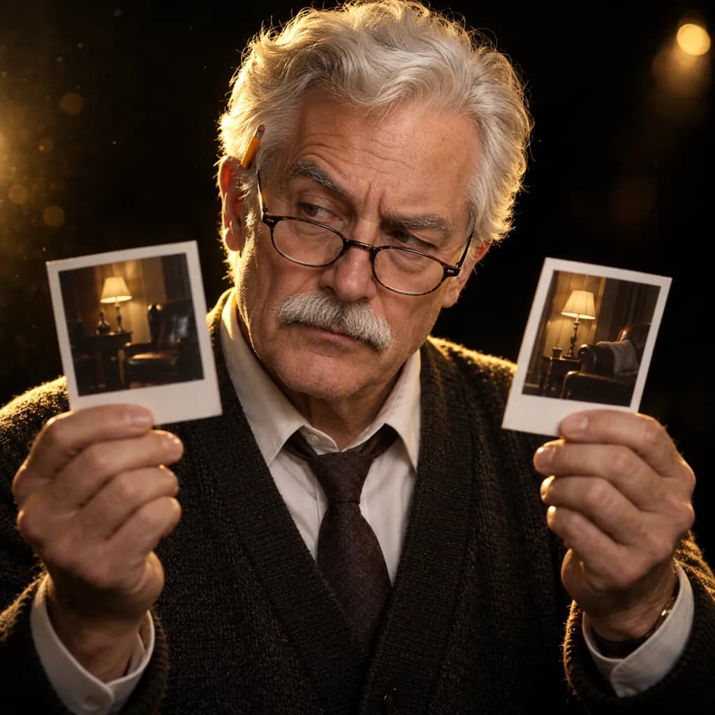 Portrait of the Continuity check: a white-haired man in reading glasses comparing two photographs.
