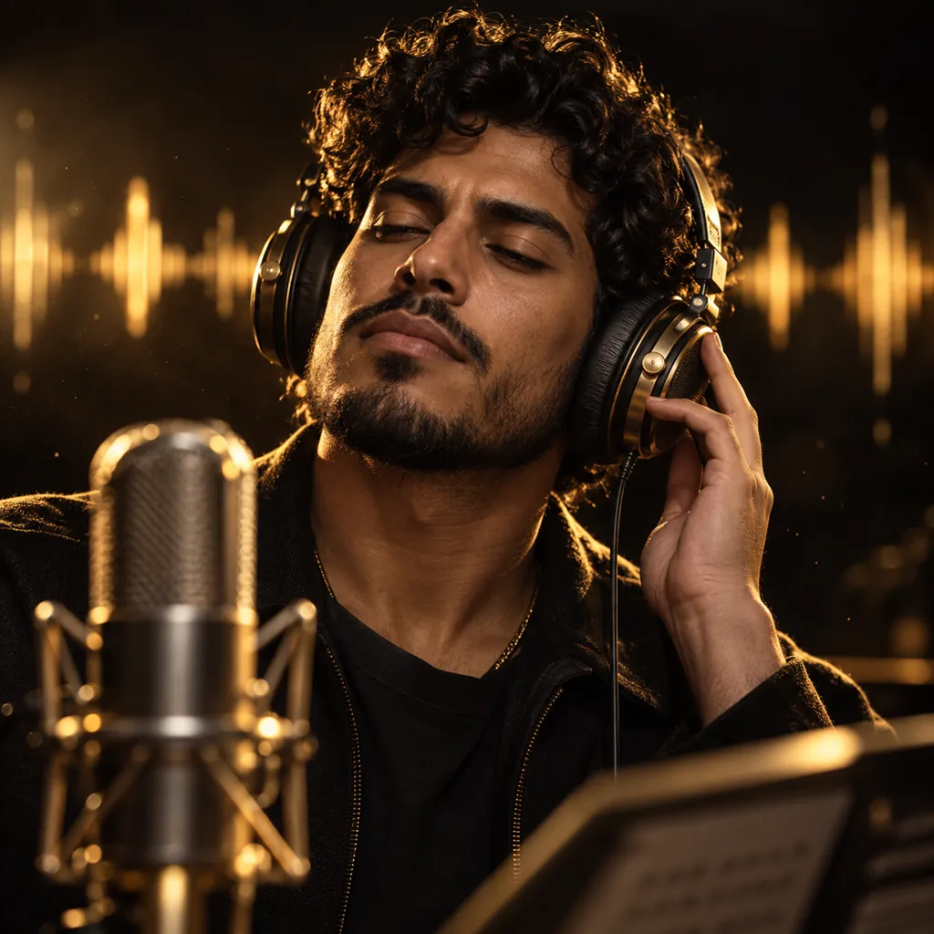 Portrait of the Dialogue check: a curly-haired man in brass-accented studio headphones listening closely.