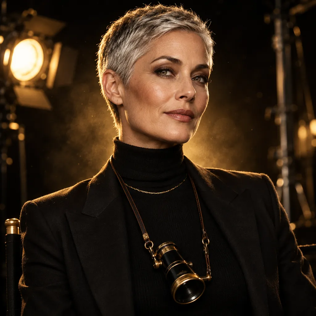 Portrait of the Director, the studio's AI film director: a silver-haired woman in a black turtleneck holding a brass viewfinder, lit in gold.