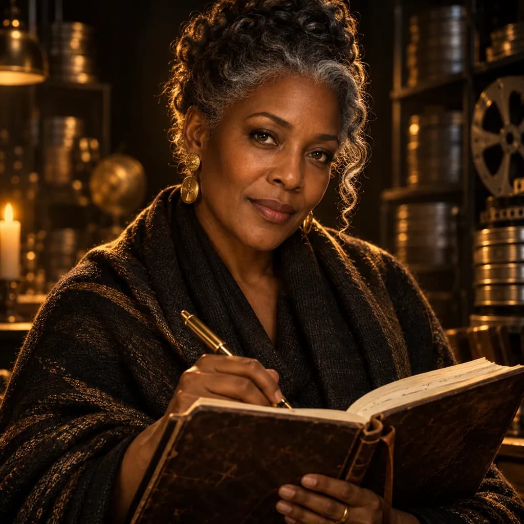 Portrait of Lessons, the crew's memory: a silver-haired woman writing in a leather notebook with a brass pen.