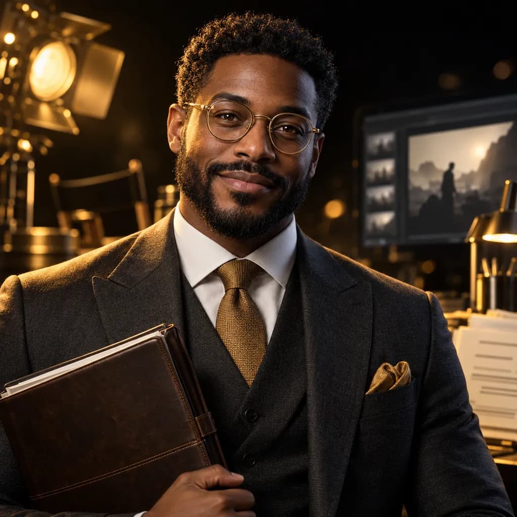 Portrait of the Producer, the studio's AI producer: a smiling bearded man in a charcoal suit and gold-rimmed glasses holding a binder.