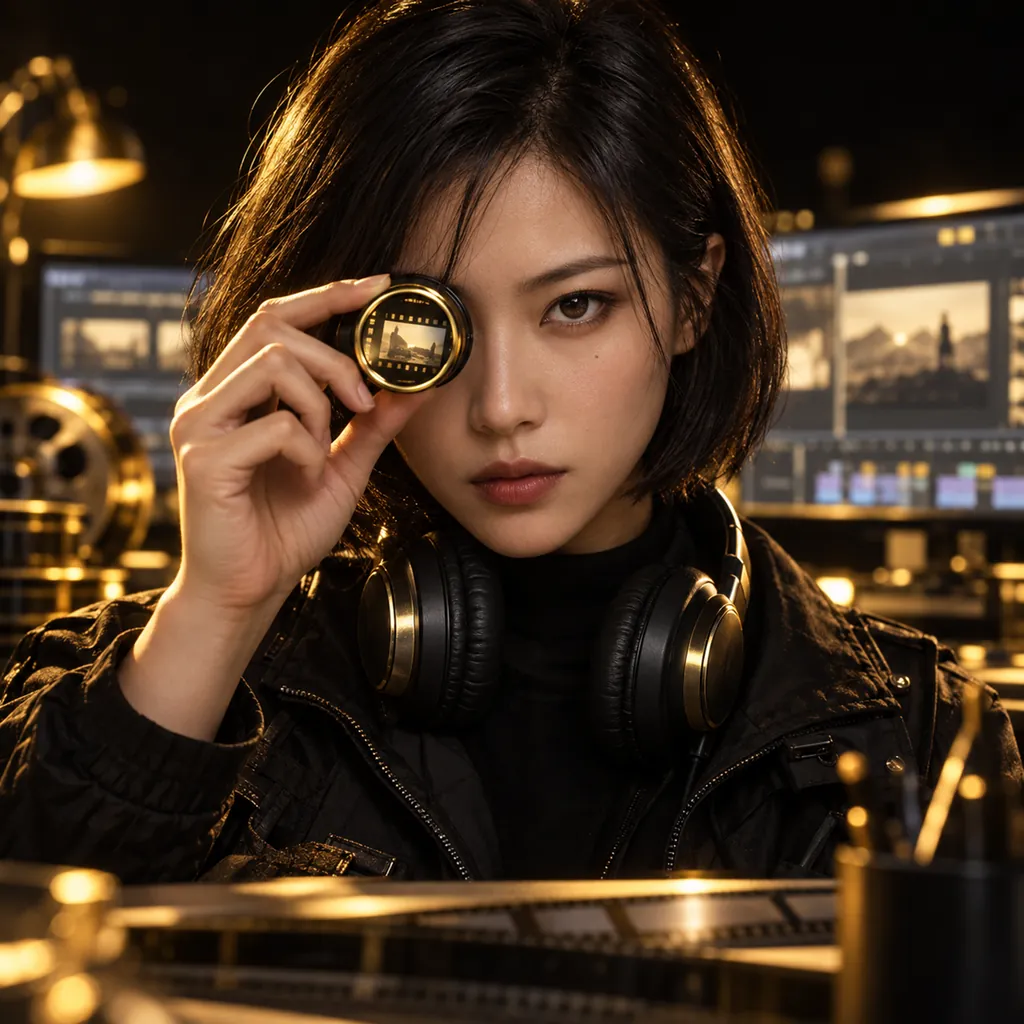 Portrait of Watch & check, the AI that reviews every take: a woman with a dark bob holding a gold-rimmed loupe to her eye.