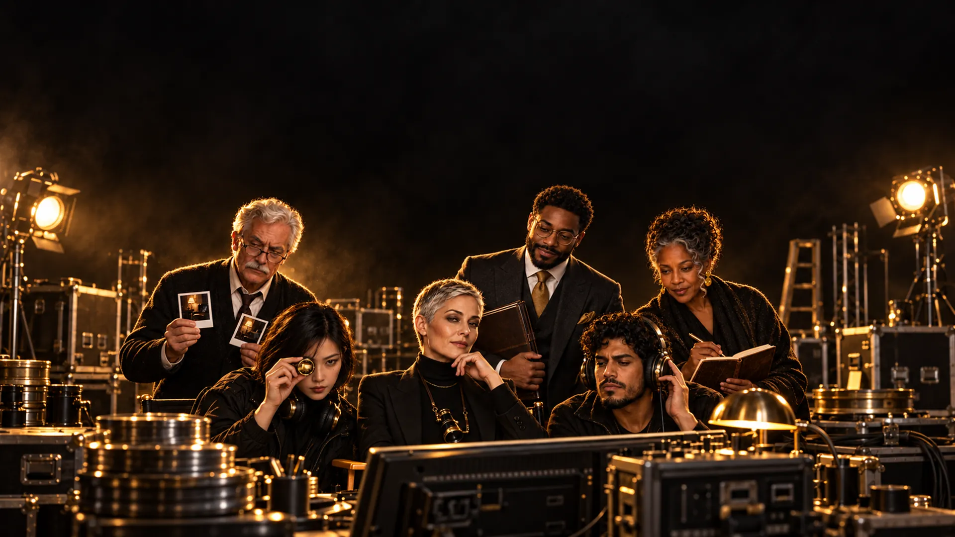 The AI crew together around a glowing monitor on a dark soundstage: Director, Producer, Watch & check, Dialogue check, Continuity and Lessons.
