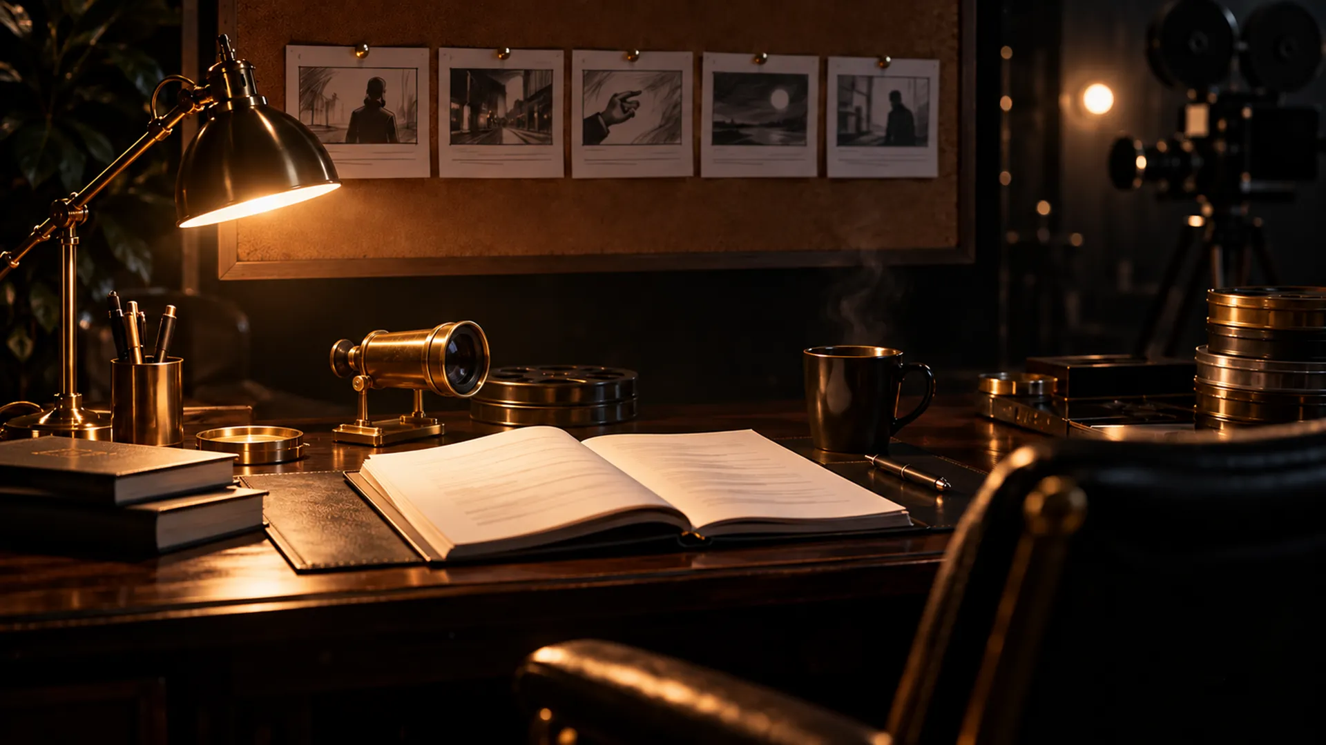 A director's desk at night with a screenplay under a brass lamp and storyboard cards pinned above.