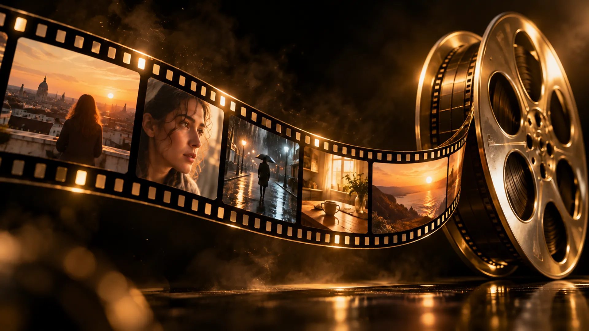 A glowing strip of film frames curving out of darkness into a polished brass film reel.