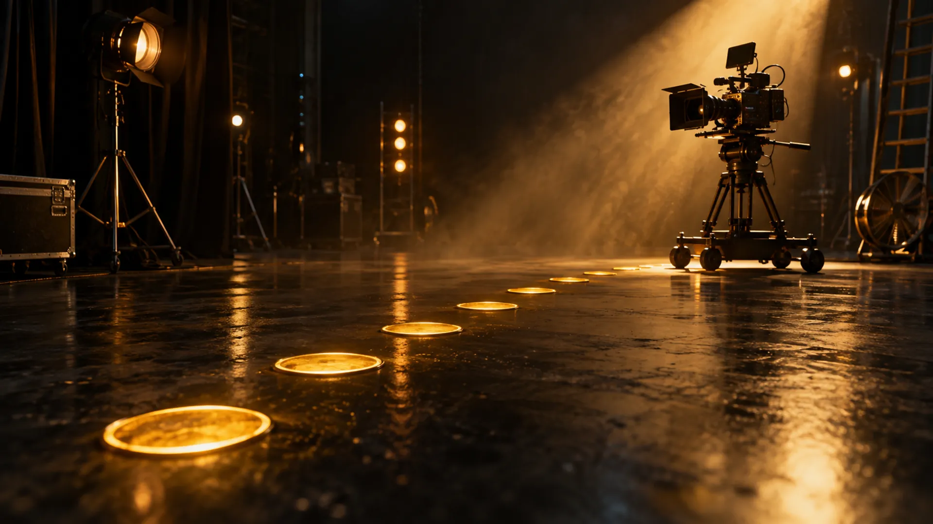 Glowing gold marks on a dark stage floor leading toward a lit cinema camera.