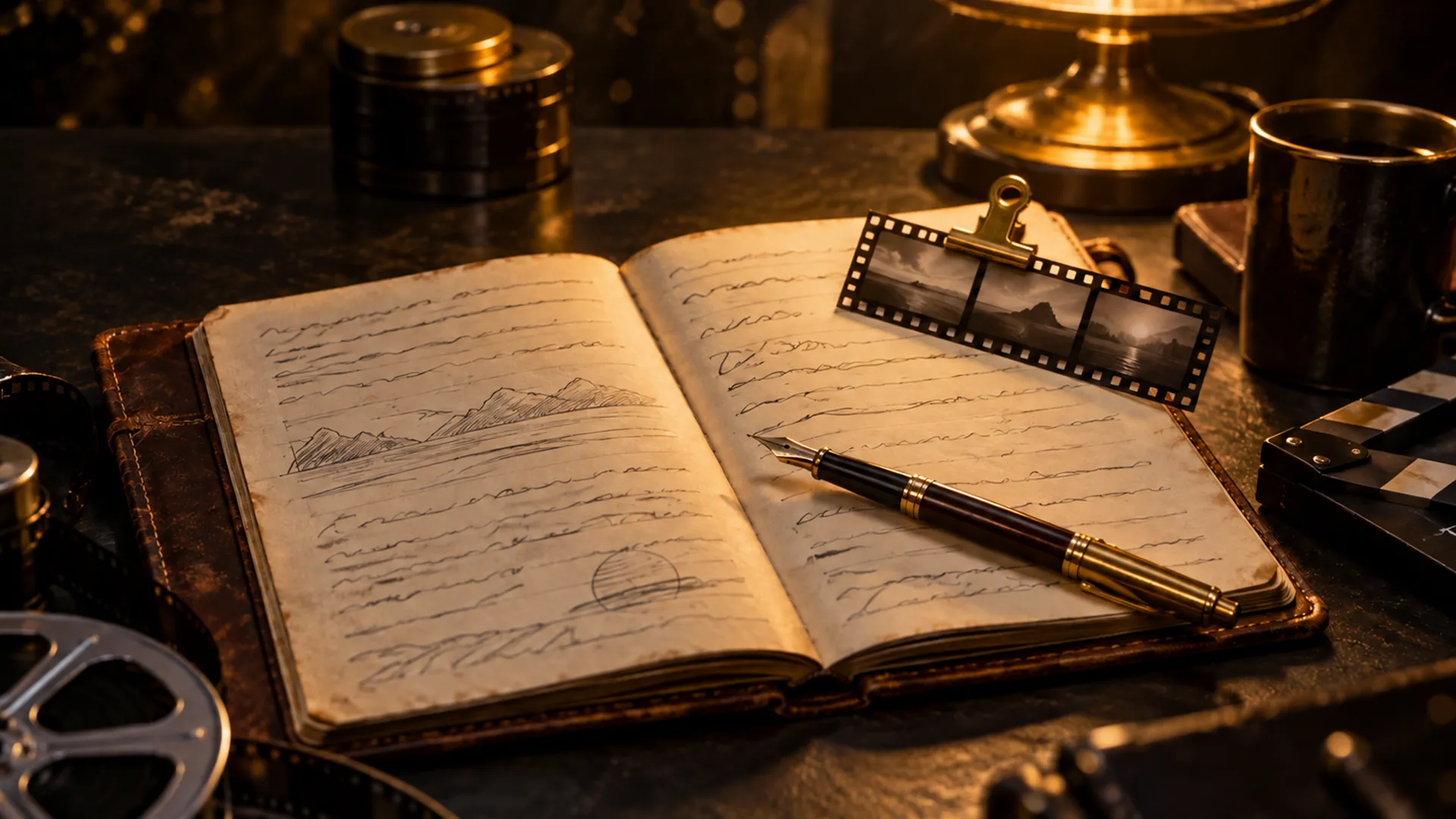 An open leather notebook with a brass pen and a strip of film frames under golden light.