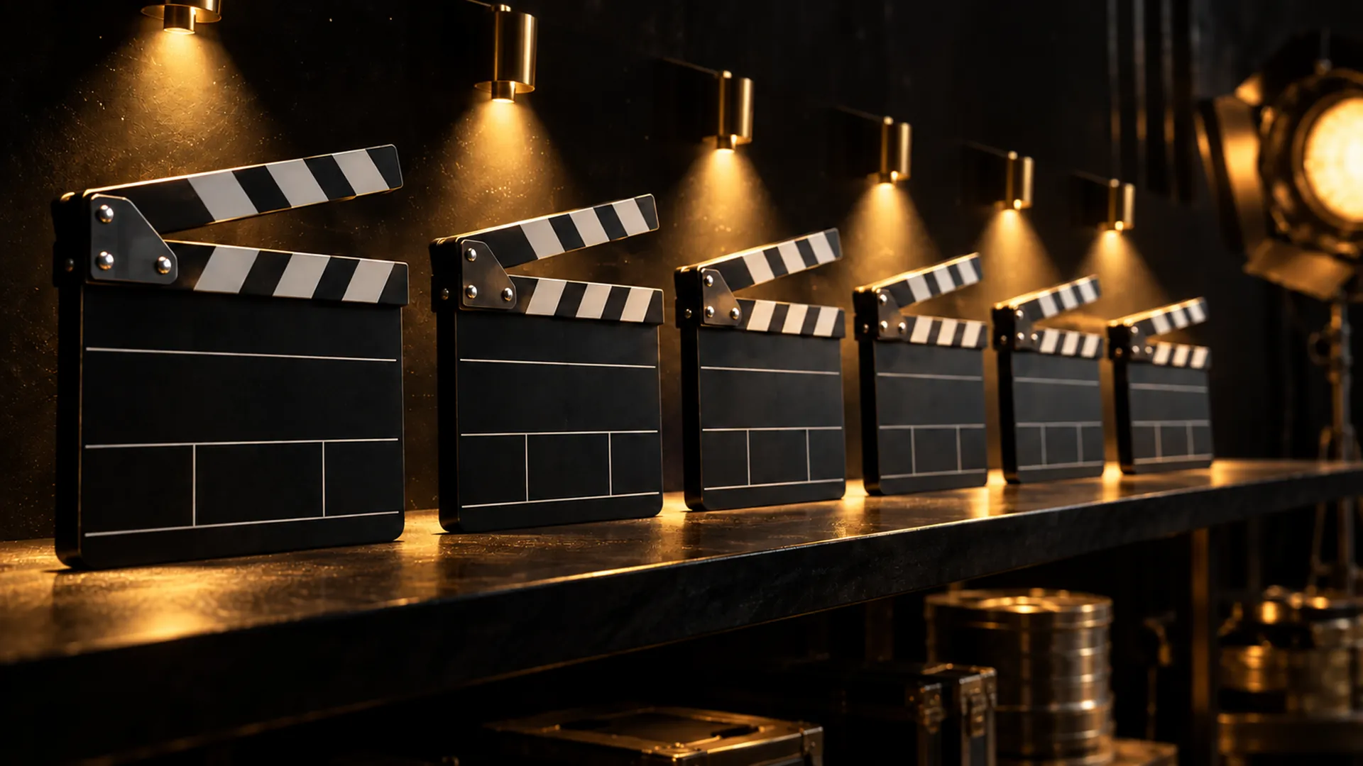 A row of six clapperboards on a dark shelf, each under its own golden spotlight.