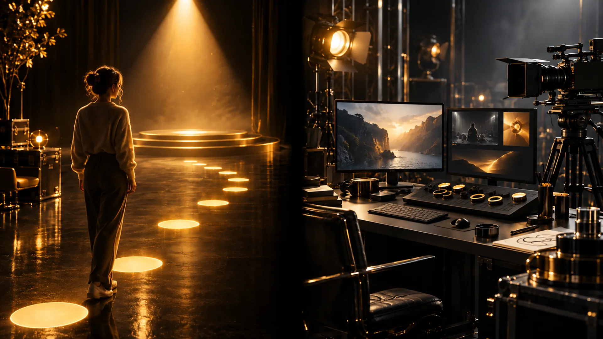 Split image: a softly lit beginner's stage with a guided path beside a professional control desk.