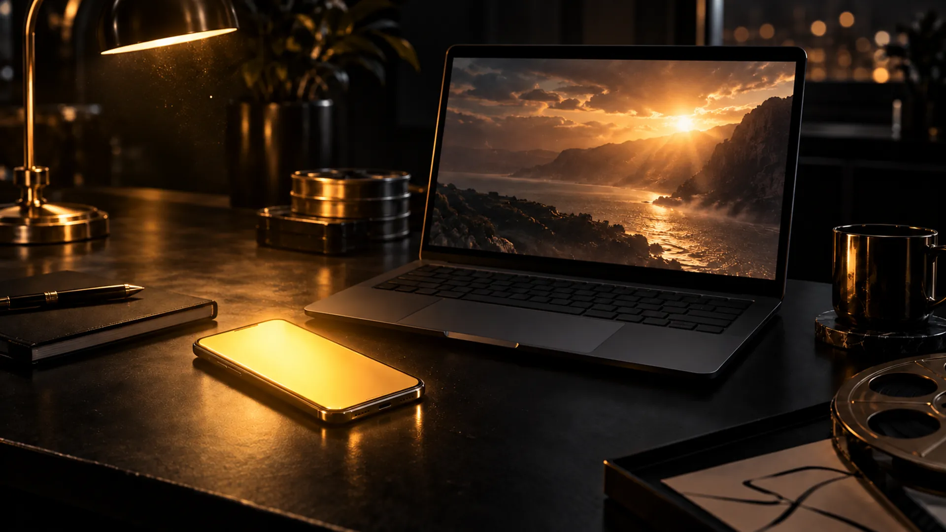 A phone lighting up with a golden glow on a dark desk beside a laptop.