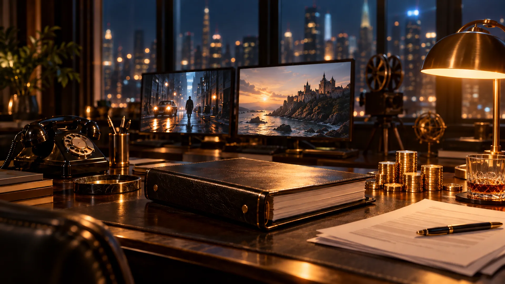 A producer's desk at night with a binder, gold coins and glowing monitors against a city window.