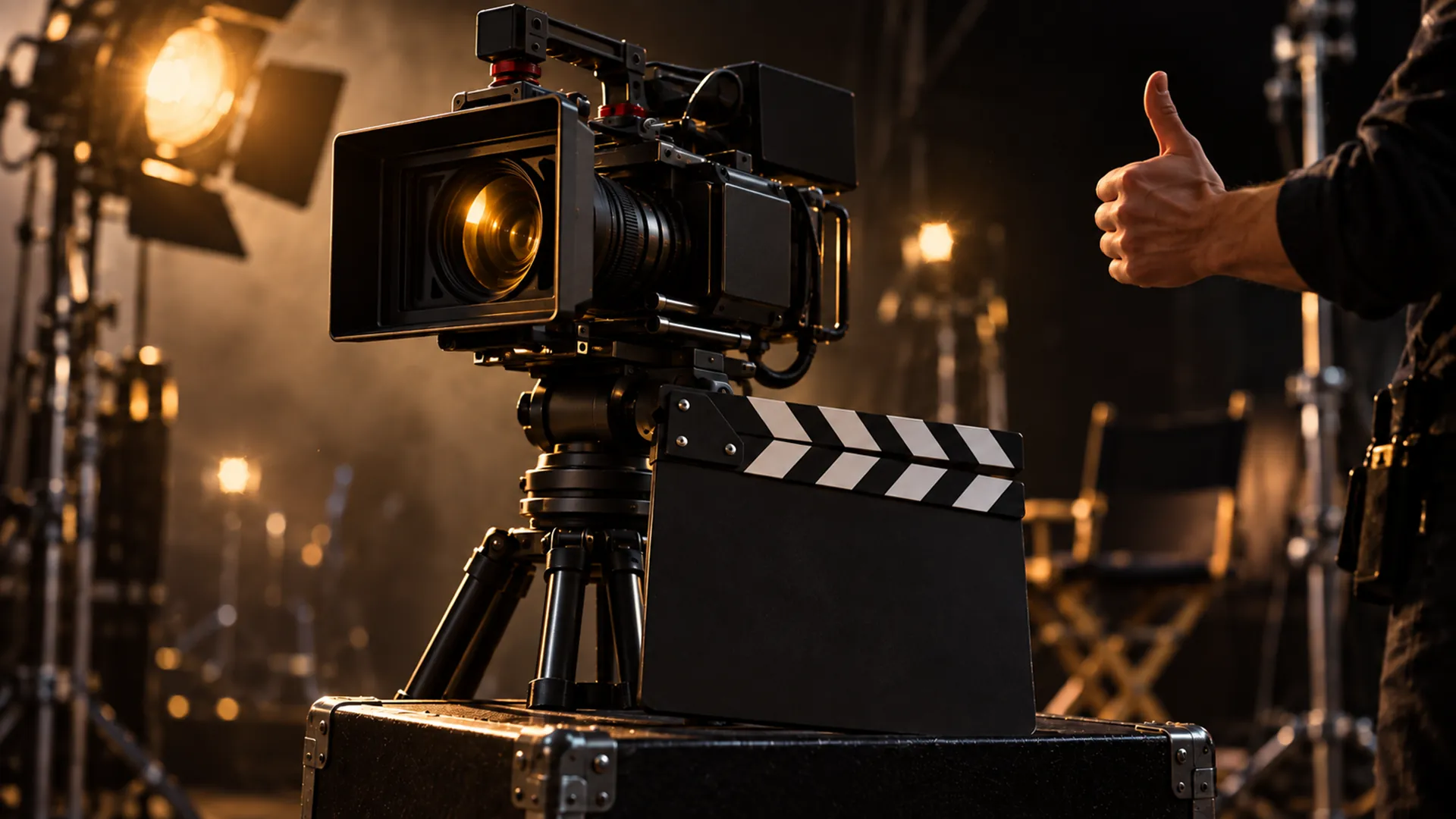 A cinema camera and clapperboard on a dark set with a hand giving a thumbs-up.
