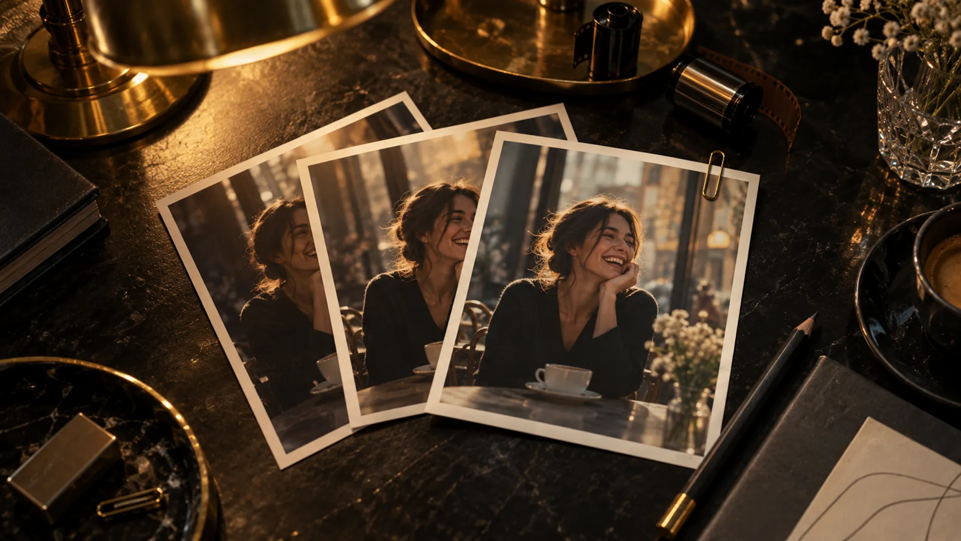 Three film frames of the same café shot fanned out on a dark desk under a golden lamp.