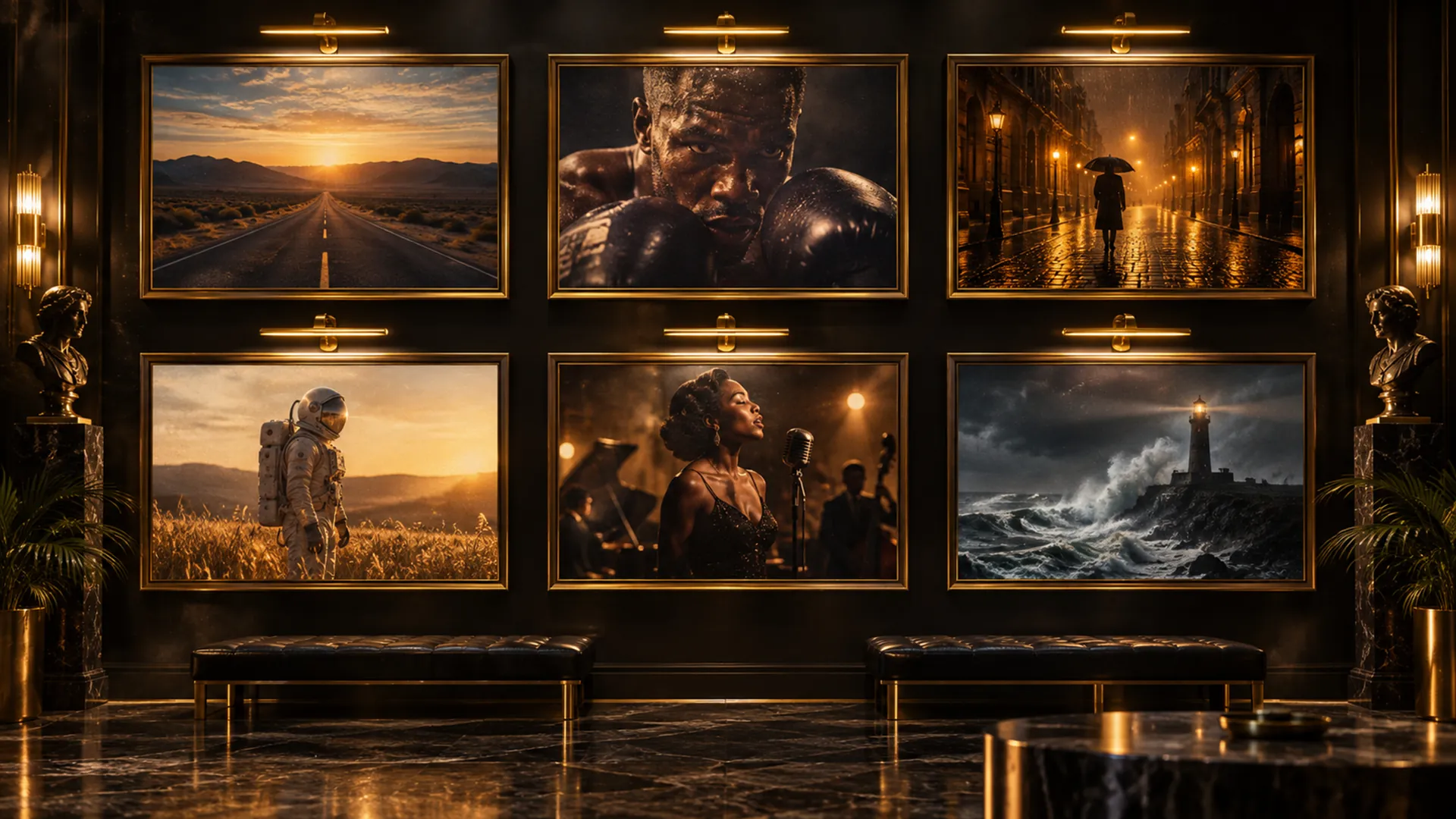 A dark gallery wall of six framed film stills, each lit by a golden picture light.