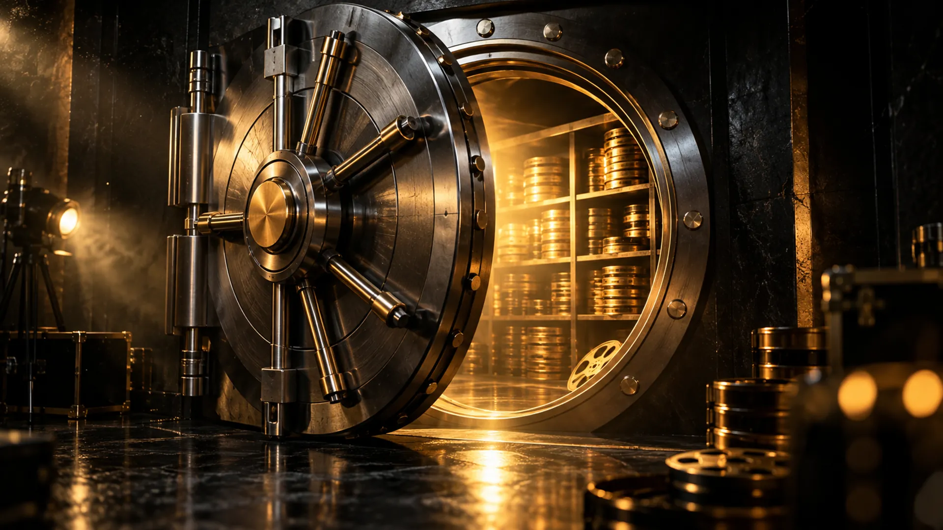 A vault door half open onto shelves of gold-rimmed film cans.