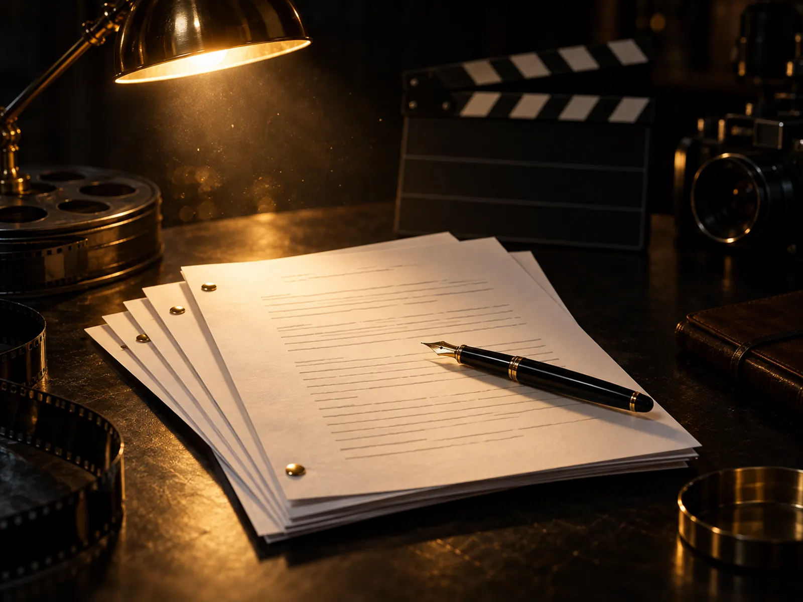 Screenplay pages under a brass desk lamp.