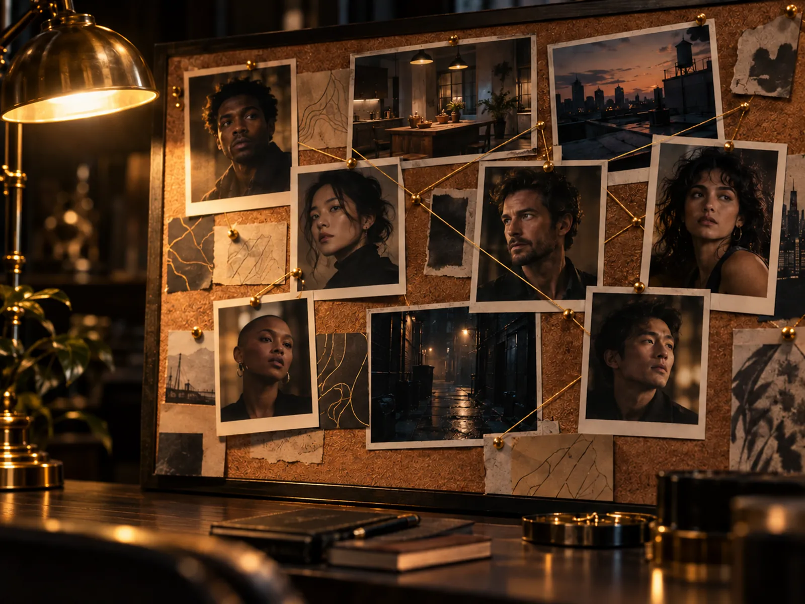 A corkboard of actor headshots and location photos linked by gold threads.