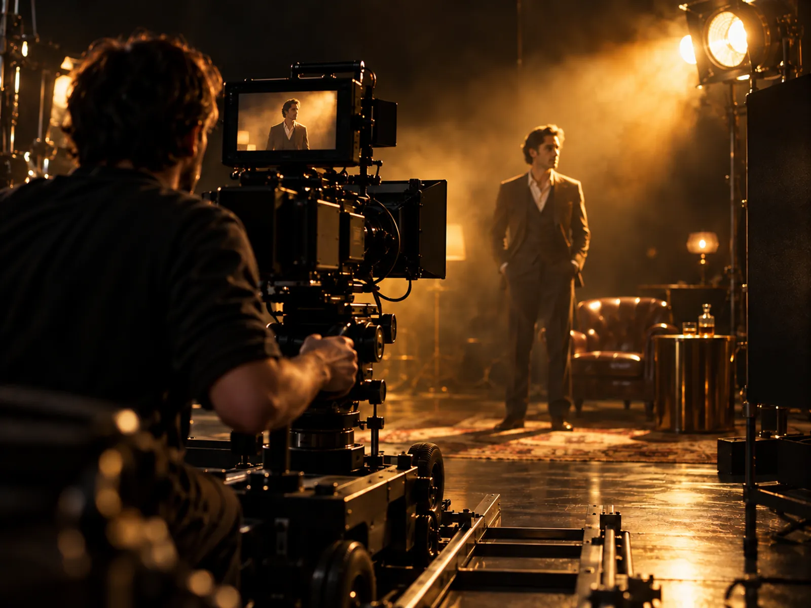 A cinema camera filming an actor on a dark, golden-lit set.