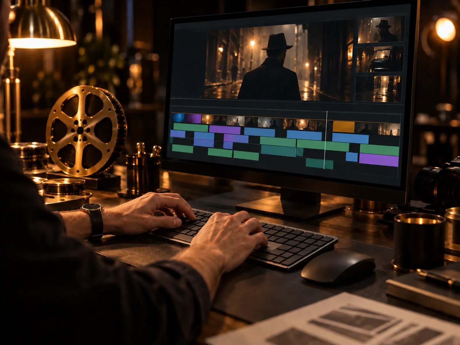 An editor's hands at a keyboard in front of a film timeline.