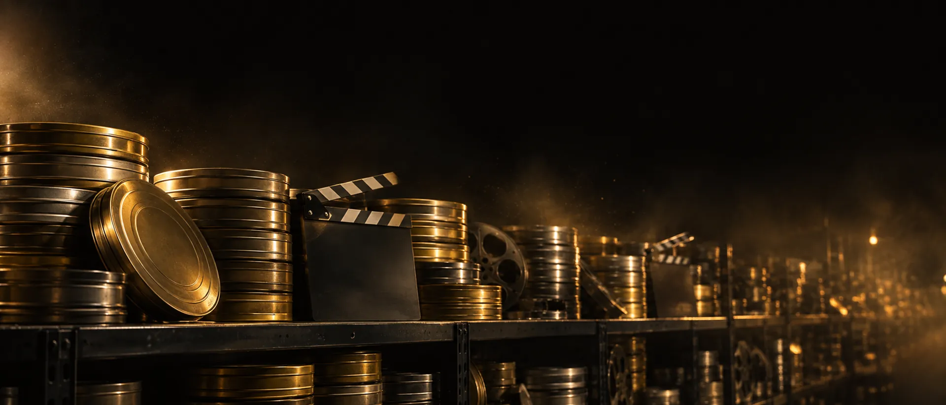A long archive shelf of gold-rimmed film cans fading into darkness.
