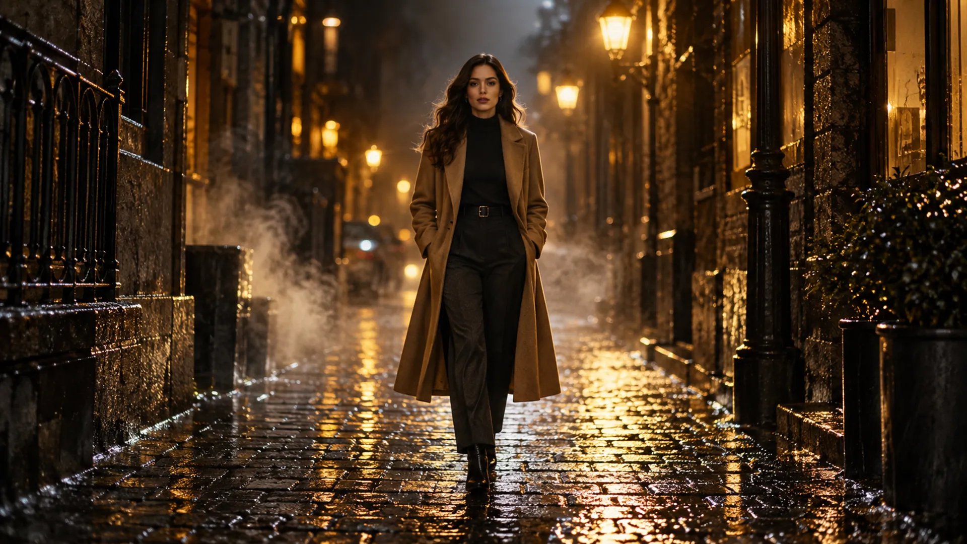 After: the same shot as a finished film frame, a woman in a camel coat walking down a rain-soaked golden-lit alley.