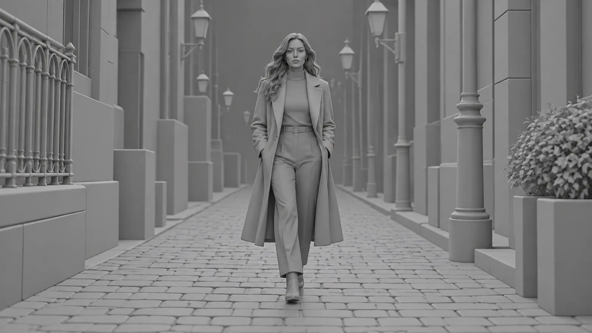 Before: a rough gray previsualization of a woman walking down a city alley.